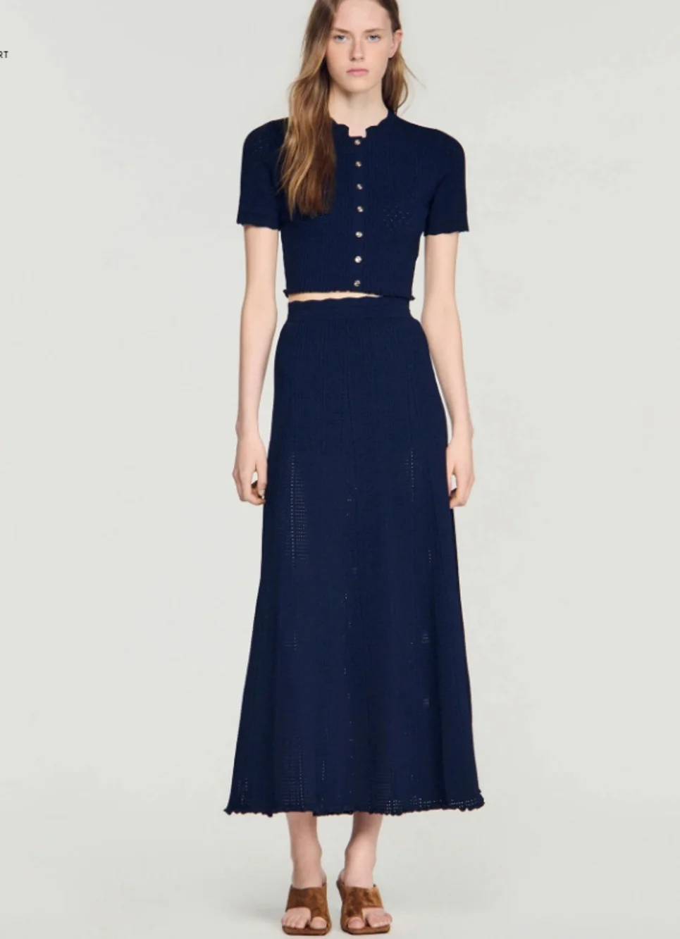 🦞Sandro Navy Knit Two‑Piece Set Cropped Top Long Midi Skirt